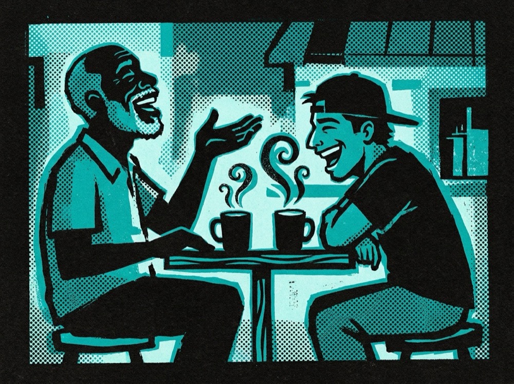 Screen-print illustration of two youth pastors laughing over coffee at a taqueria table