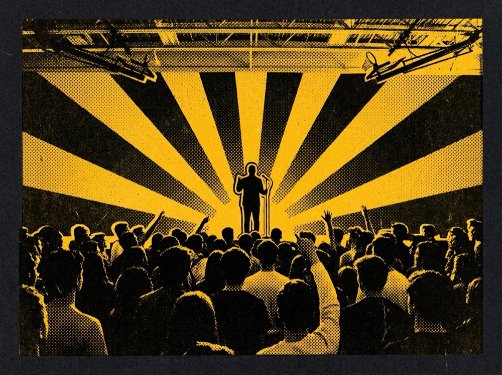 Screen-print illustration of a speaker on a gym stage before a crowd of teenagers, light rays fanning out behind