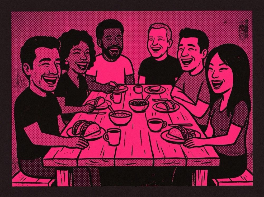 Screen-print illustration of six youth pastors laughing around a table of tacos and coffee
